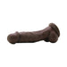 Dark brown realistic silicone dildo with suction base and detailed texture, 5 inches long.