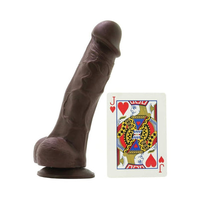 Chocolate brown 5-inch silicone dildo with suction base next to a Jack of Hearts playing card for size comparison.