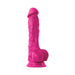 Bright pink realistic silicone dildo with suction cup base and detailed texture, standing upright on a white background.