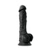 Black realistic silicone dildo with suction cup base, detailed texture and lifelike design, standing upright on white background.