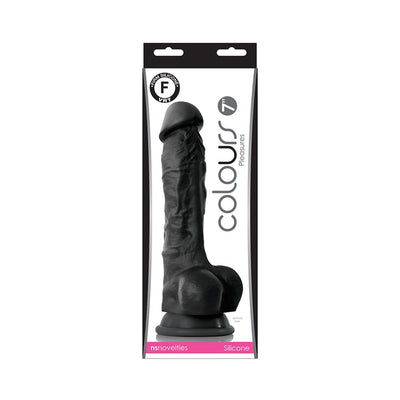 Black realistic silicone dildo with suction cup base in Colours Pleasures packaging.