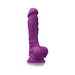 Purple realistic silicone dong with suction cup base, detailed veining, and a natural shape.