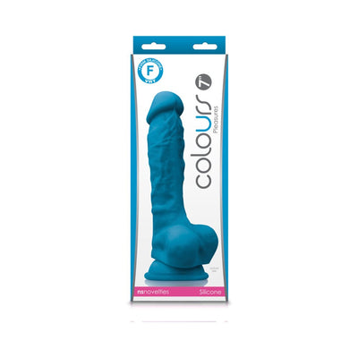 Blue realistic silicone dong with suction base in Colours Pleasures branded packaging.