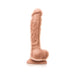 Realistic flesh-toned dildo with textured veins and suction cup base standing upright on white background.