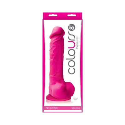 Pink realistic silicone dong with suction cup base displayed in branded packaging.