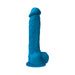 Blue realistic textured dong with suction cup base, 8 inches in length, designed for versatile use.