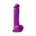 Purple realistic dildo with suction cup base and detailed veined texture on a white background.