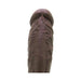 Close-up view of dark brown realistic silicone dildo with detailed texture and smooth finish.