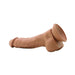 Dark brown realistic silicone dildo with suction cup base, detailed texture, and lifelike design.