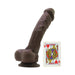 Dark brown realistic silicone dildo with suction cup base next to a playing card for size comparison.