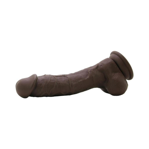 Dark brown realistic silicone dildo with suction cup base, 8 inches long, detailed texture and lifelike design.