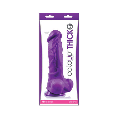 Purple realistic silicone dildo with suction cup displayed in packaging showing actual size and product branding.