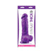 Purple realistic silicone dildo with suction cup displayed in packaging showing actual size and product branding.