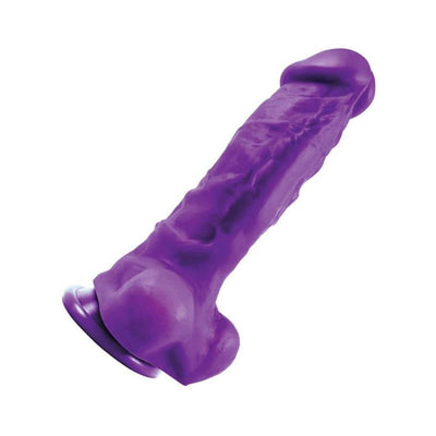 Purple realistic textured silicone dildo with suction cup base, 8 inches long and thick design.