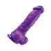 Purple realistic textured silicone dildo with suction cup base, 8 inches long and thick design.