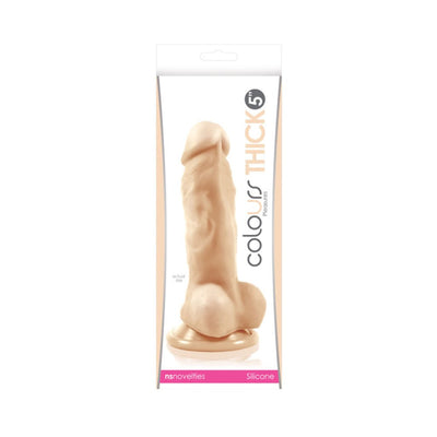 White realistic silicone dildo with suction cup base in retail packaging, Colours Pleasures Thick 5 model.