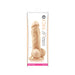 White realistic silicone dildo with suction cup base in retail packaging, Colours Pleasures Thick 5 model.