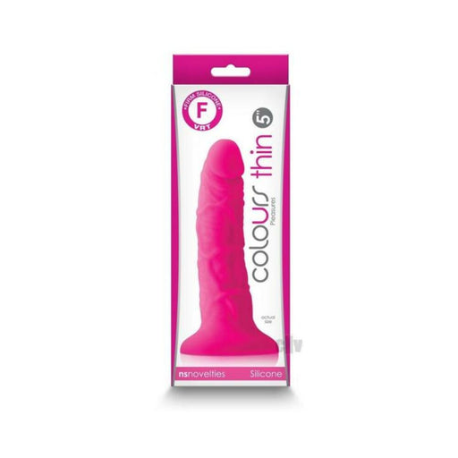 Pink 5-inch thin silicone dildo in clear packaging with firm texture label and brand Colours Pleasures.