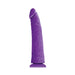 Slim purple silicone dong with textured surface and suction cup base for hands-free use, 8 inches long.
