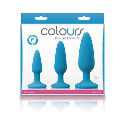Set of three blue silicone anal trainer plugs in small, medium, and large sizes with tapered tips and flared bases.