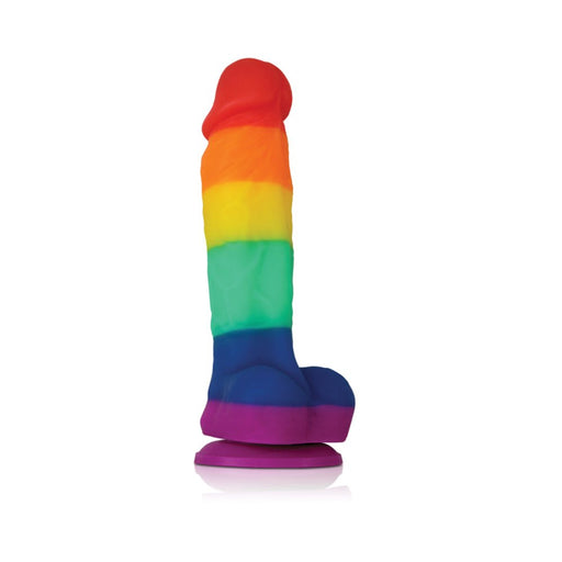 Rainbow-colored silicone dildo with suction base in Pride flag colors, standing upright on a white background.