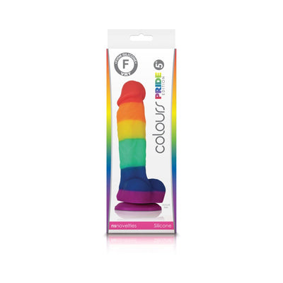 Rainbow-colored 5-inch silicone dildo with suction base in Pride edition packaging.