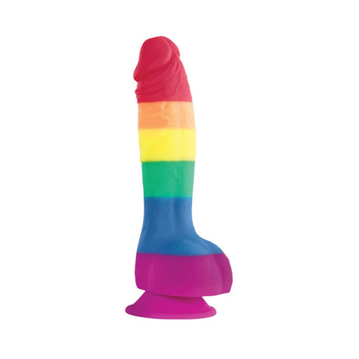 Rainbow pride silicone dong with suction cup base and realistic detailing, 6 inches insertable length.