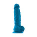 Blue silicone dildo with realistic texture and suction cup base, standing upright on a white background.