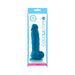 Blue 5-inch silicone dildo with suction base in clear retail packaging labeled ColourSoft.