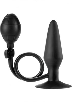 Black inflatable silicone butt plug with squeeze bulb pump and suction cup base.