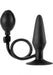 Black inflatable silicone butt plug with squeeze bulb pump and suction cup base.