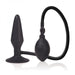 Black silicone inflatable butt plug with attached squeeze bulb and release valve on flexible hose.