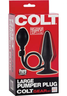 Packaging of Colt Large Pumper Plug in black with inflatable silicone plug, squeeze bulb, and suction cup base shown on red box.