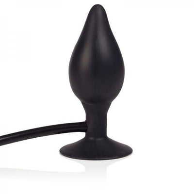 Black silicone inflatable butt plug with suction cup base and attached air pump bulb.