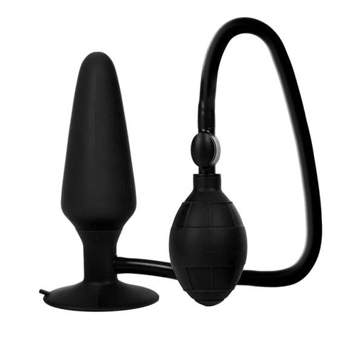 Black silicone inflatable plug with suction cup base and attached squeeze bulb pump for adjustable inflation.
