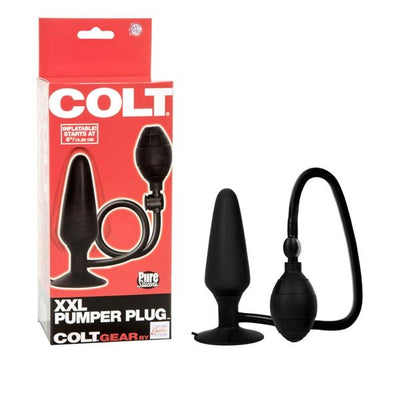 Black silicone inflatable plug with suction cup base and squeeze bulb, shown with red and white Colt branded packaging.