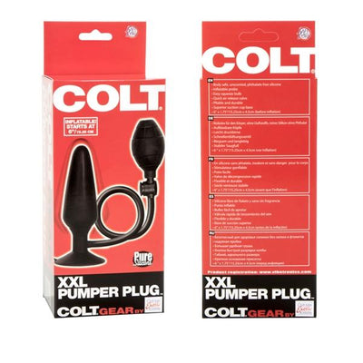 Black silicone inflatable XXL pumper plug with suction cup base and squeeze bulb in red and white branded packaging.