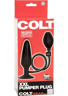 Black inflatable silicone pumper plug with suction base and squeeze bulb in red and black packaging.