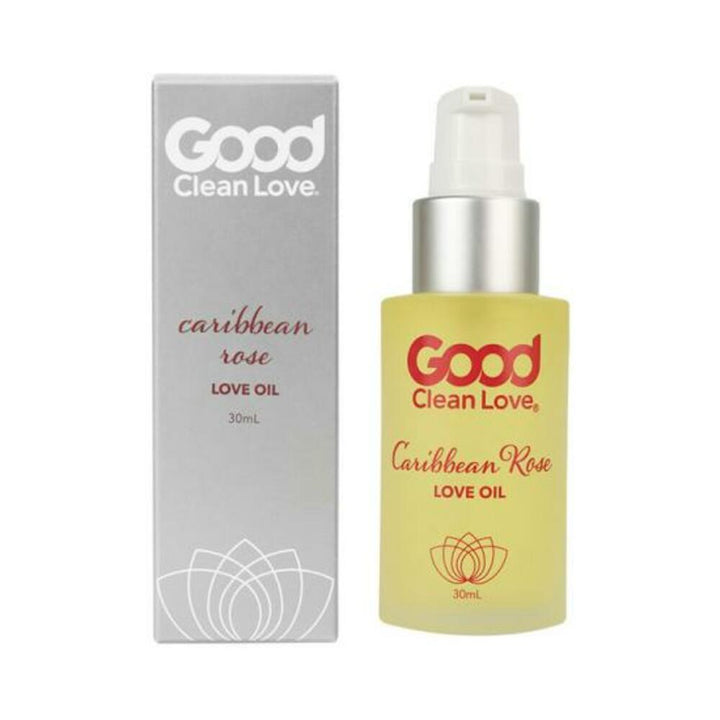 Good Clean Love Caribbean Rose Love Oil 30ml bottle with matching silver and white packaging box.