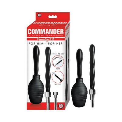 Commander Cleaning Kit with two black interchangeable nozzles and a flexible hose for versatile use.