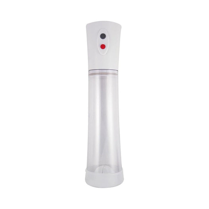 Clear cylindrical electric pump with white top featuring power and red control buttons, designed for personal use.