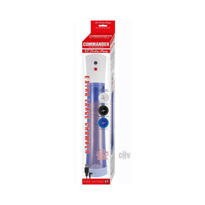 Commander XL Electric Pump in blue with USB charging cable and three interchangeable sleeve sizes shown on packaging.