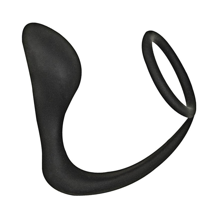 Black silicone prostate stimulator with attached cock ring for enhanced pleasure and support.