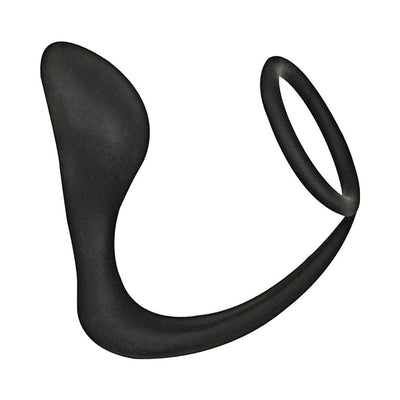 Black silicone prostate stimulator with attached cock ring for enhanced pleasure and support.