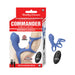 Blue Commander remote control vibrating climaxer with silicone cock cage and clitoral teaser, shown with packaging and remote.