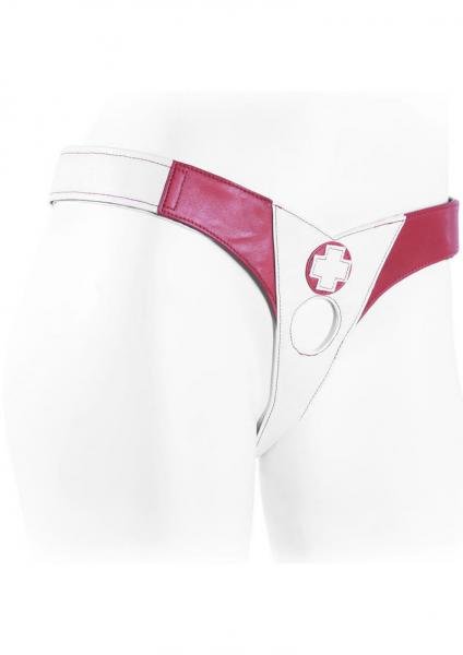 White and red nurse-themed single strap harness with Red Cross detail and adjustable Velcro closures.