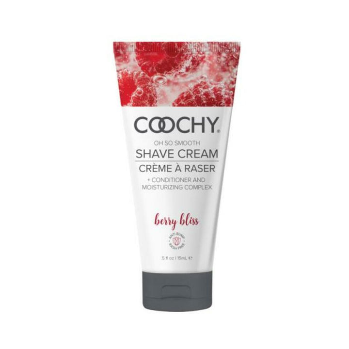 Tube of Coochy Berry Bliss shave cream with berry design and gray flip cap.