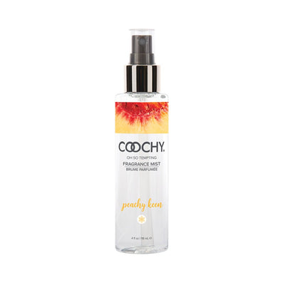 Coochy Peachy Keen fragrance mist spray bottle with peach design on label, 4oz clear plastic bottle with black spray top.