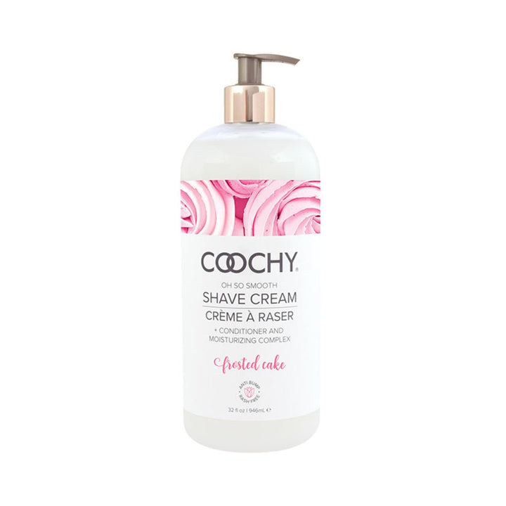 COOCHY Frosted Cake shave cream in a 32 oz pump bottle with pink frosting design on label
