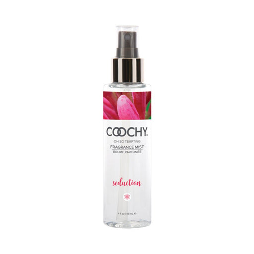 COOCHY Seduction fragrance mist bottle with honeysuckle floral design and black spray cap, 4 oz size.